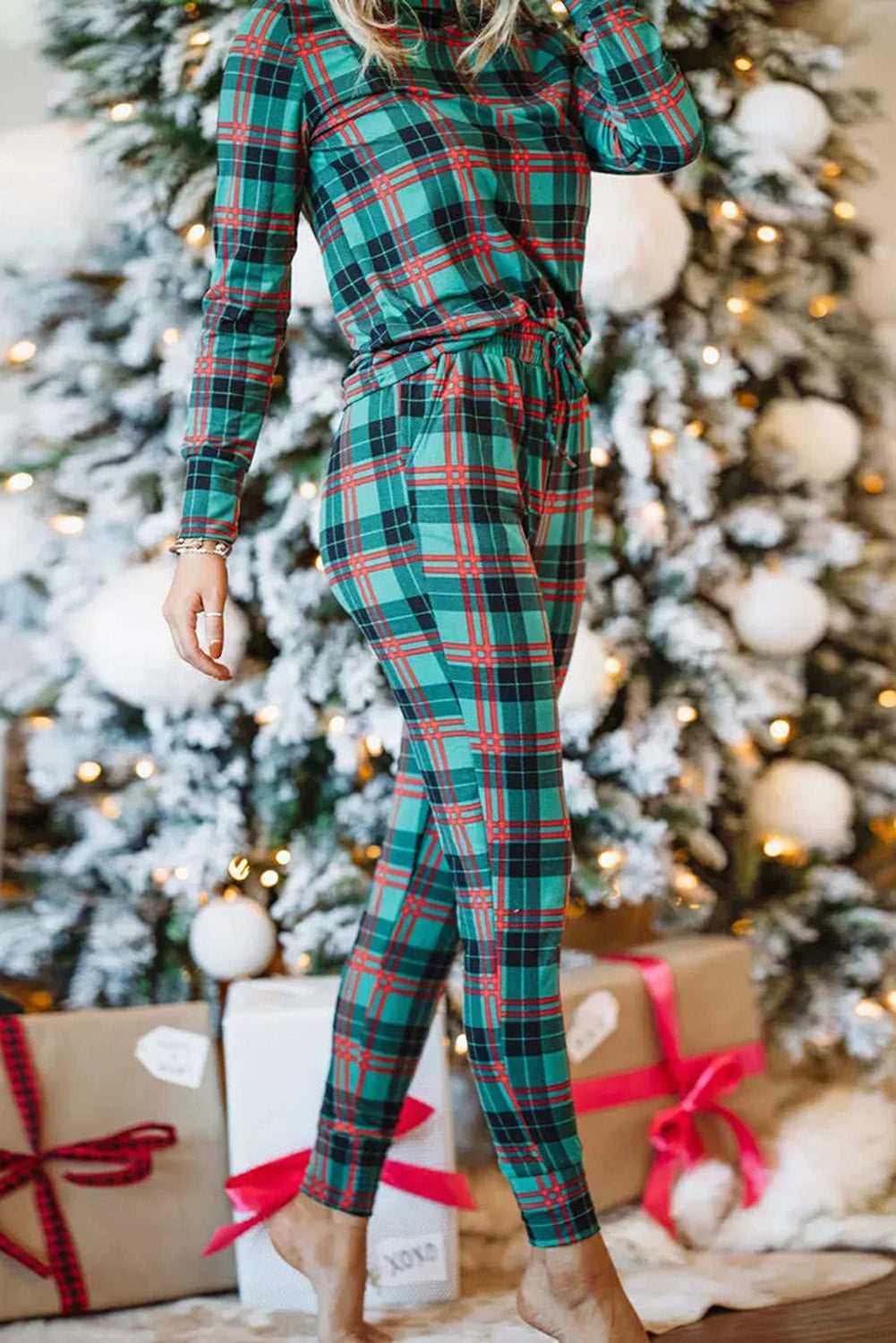 Plaid Casual Long Sleeve Top and Drawstring Jogger Loungewear Set