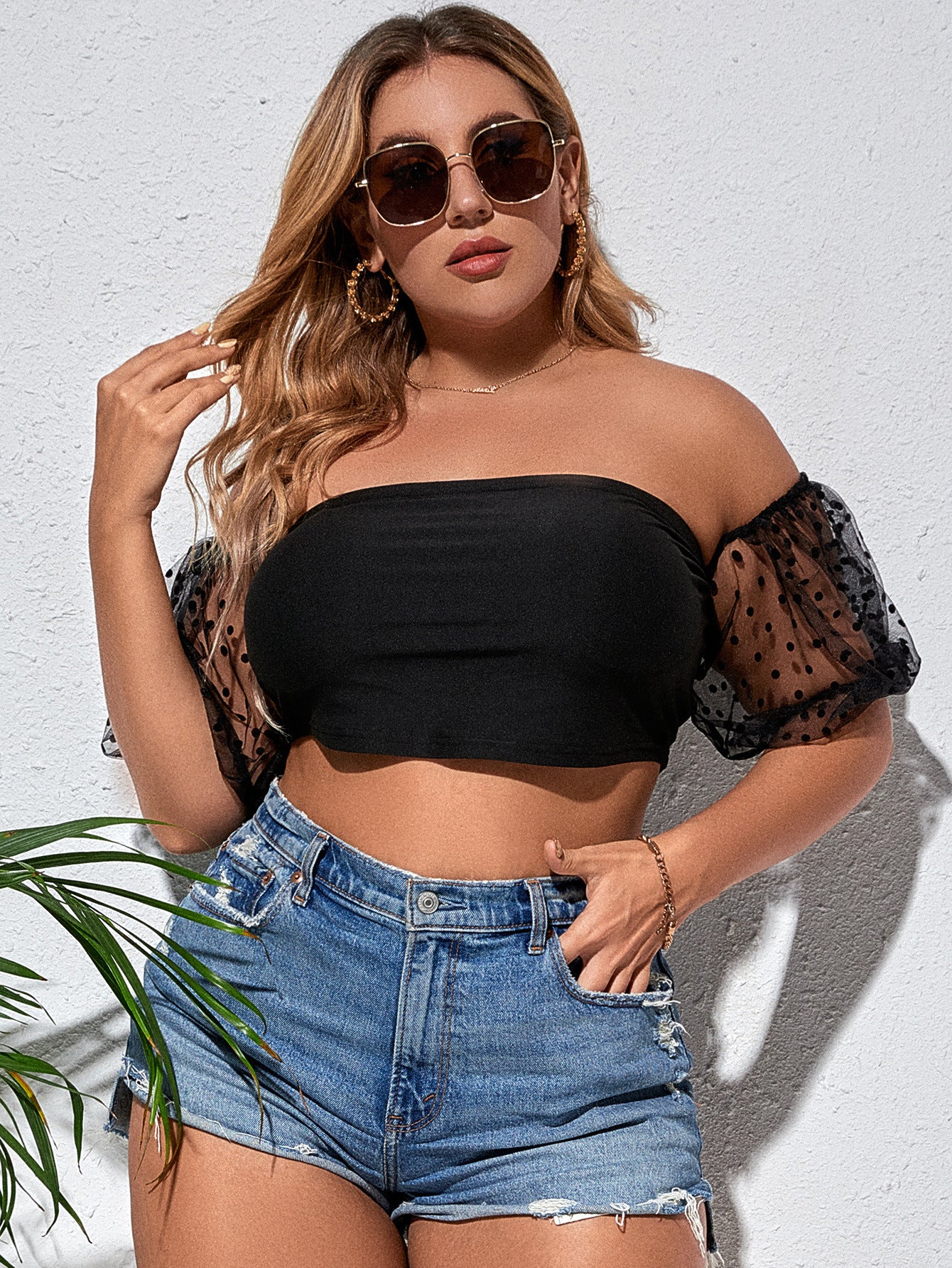 Plus Size Polka Dot Spliced Mesh Puff Sleeve Crop Top