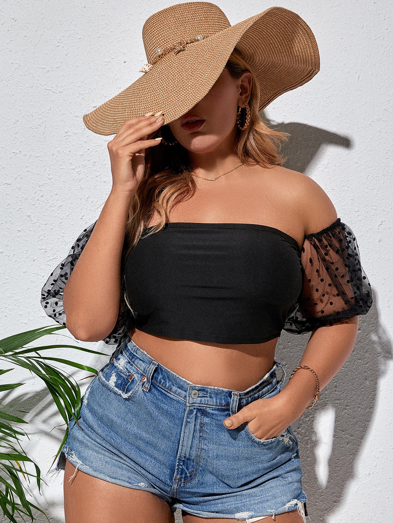 Plus Size Polka Dot Spliced Mesh Puff Sleeve Crop Top