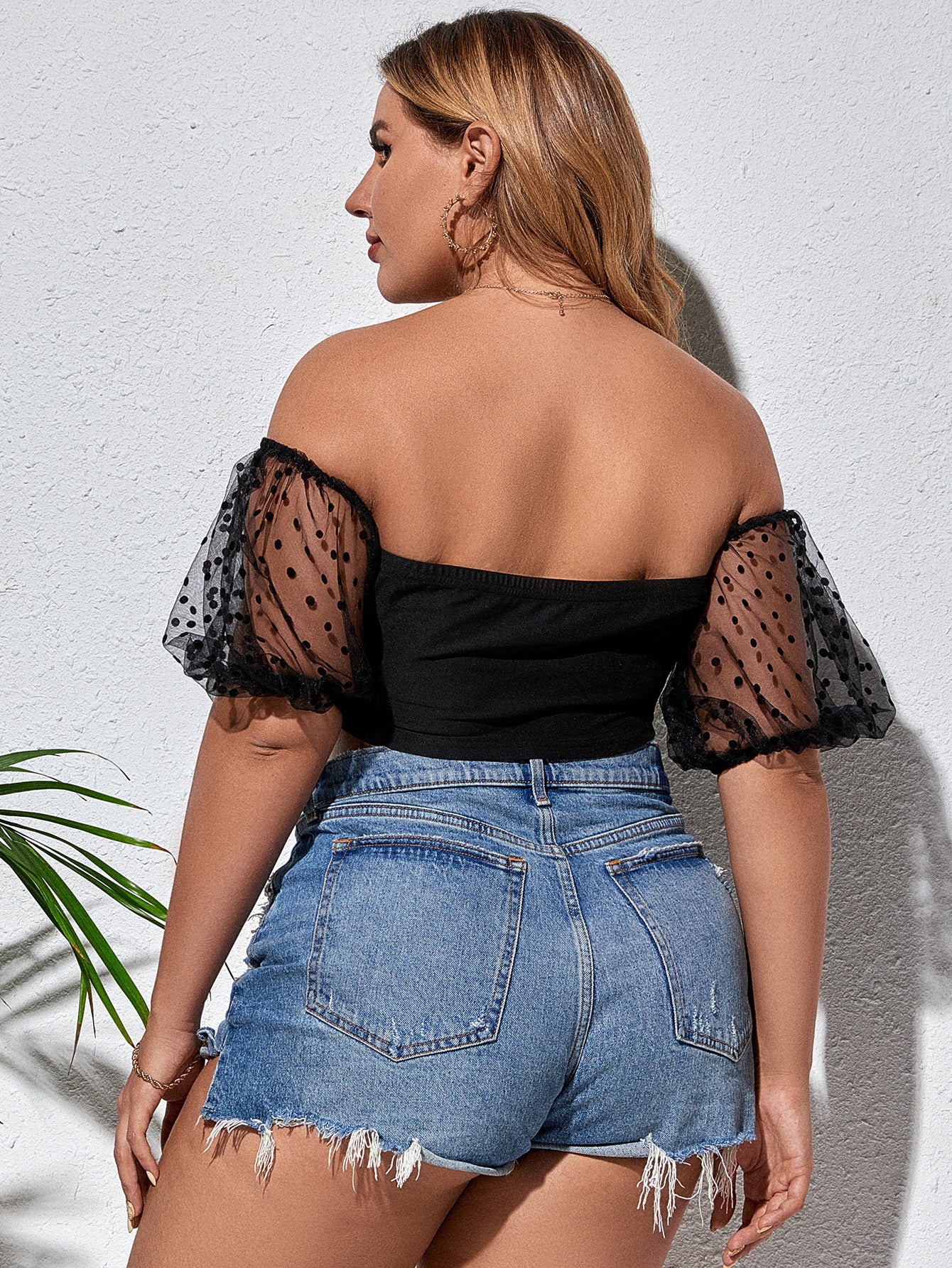 Plus Size Polka Dot Spliced Mesh Puff Sleeve Crop Top