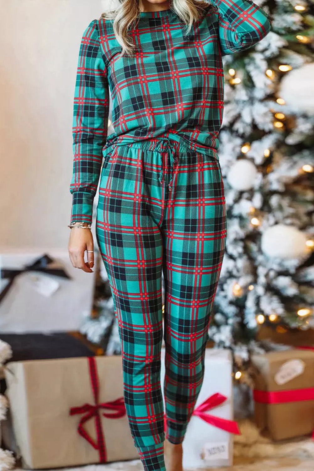 Plaid Casual Long Sleeve Top and Drawstring Jogger Loungewear Set