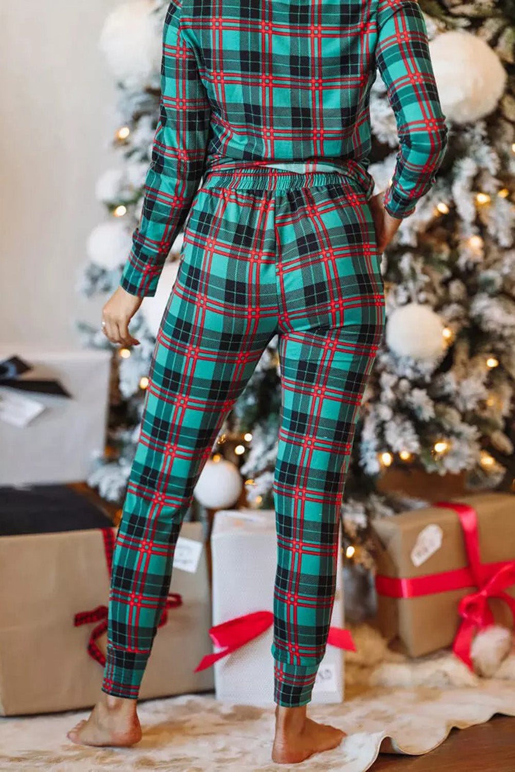 Plaid Casual Long Sleeve Top and Drawstring Jogger Loungewear Set
