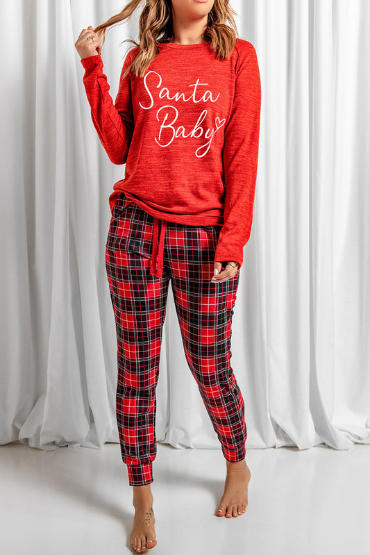 Christmas Santa Baby Letter Top & Plaid Pants Loungewear Set