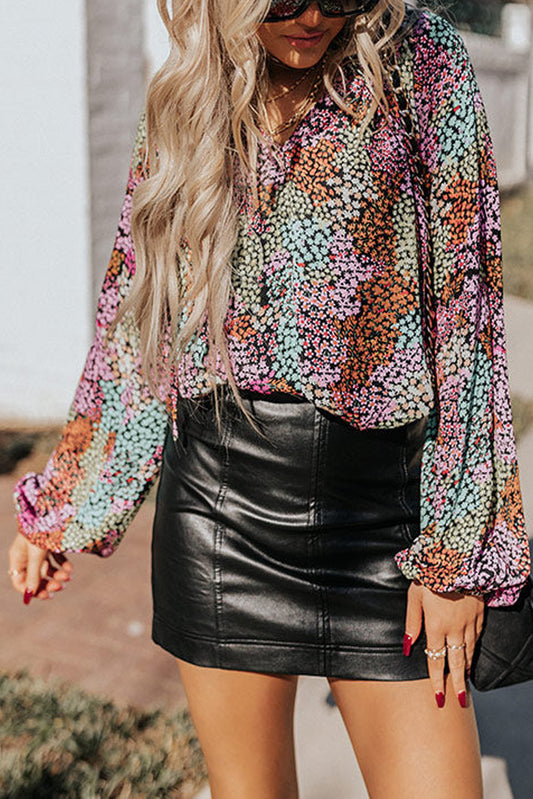 Multicolor Floral Boho V Neck Bishop Sleeve Blouse