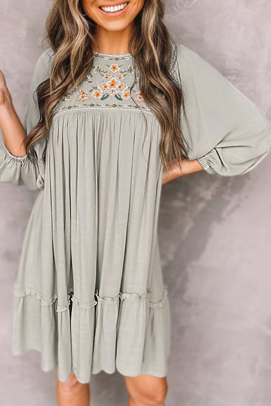 Grey Floral Embroidered Boho Pleated Long Sleeve Babydoll Short Dress