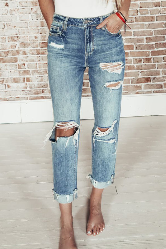 Light Blue Casual Distressed Ripped Straight Leg Jean For Women
