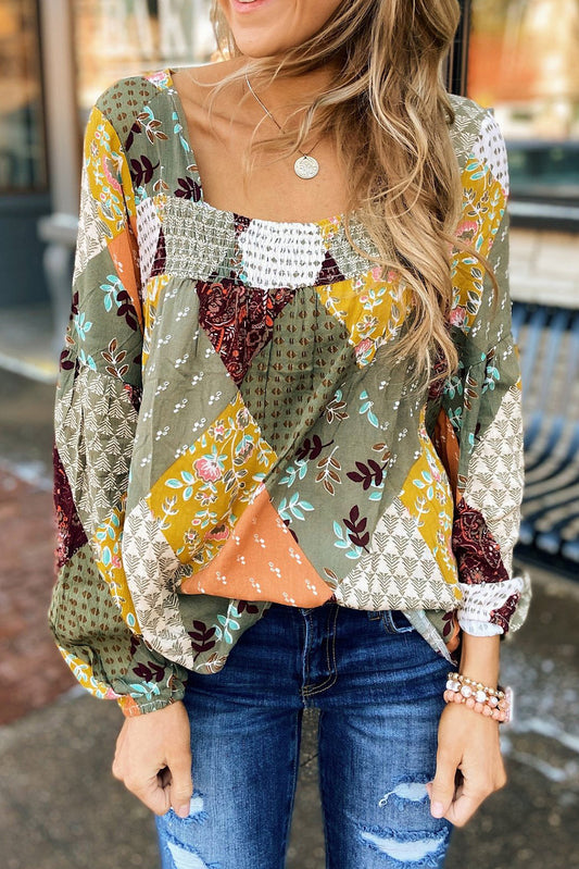 Floral Mixed Print Boho Square Neck Shirred Blouse