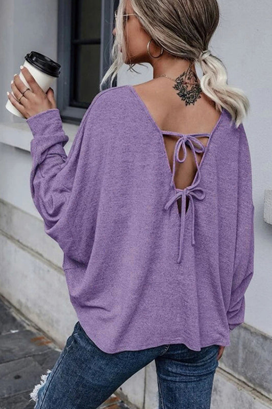 Solid Casual Loose Tie Back Long Sleeve Top