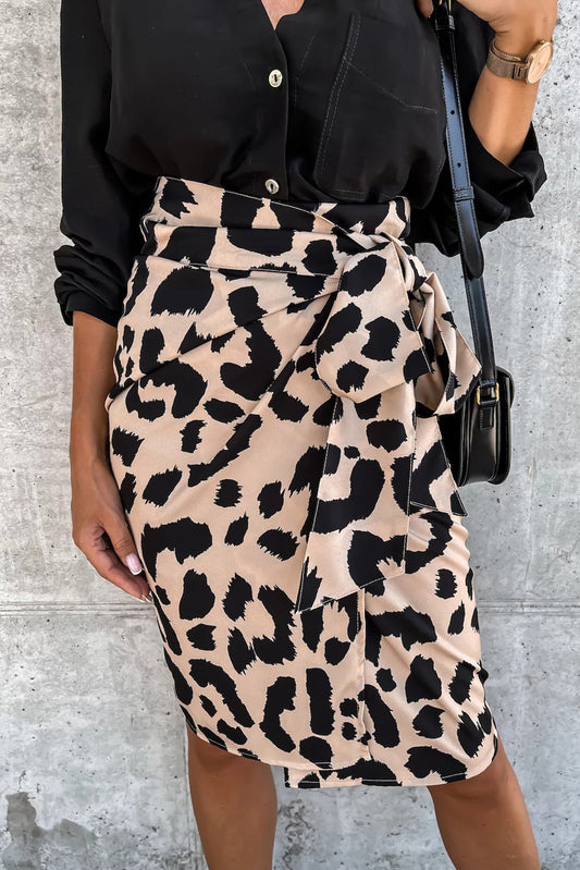 Cheetah Casual Side Tie High Waist Midi Skirt