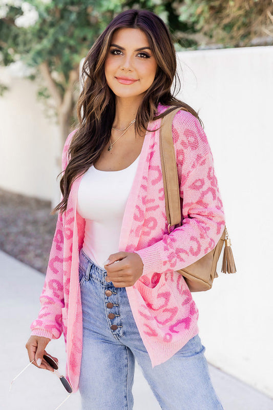 Leopard Print Casual Open Front Knit Cardigan