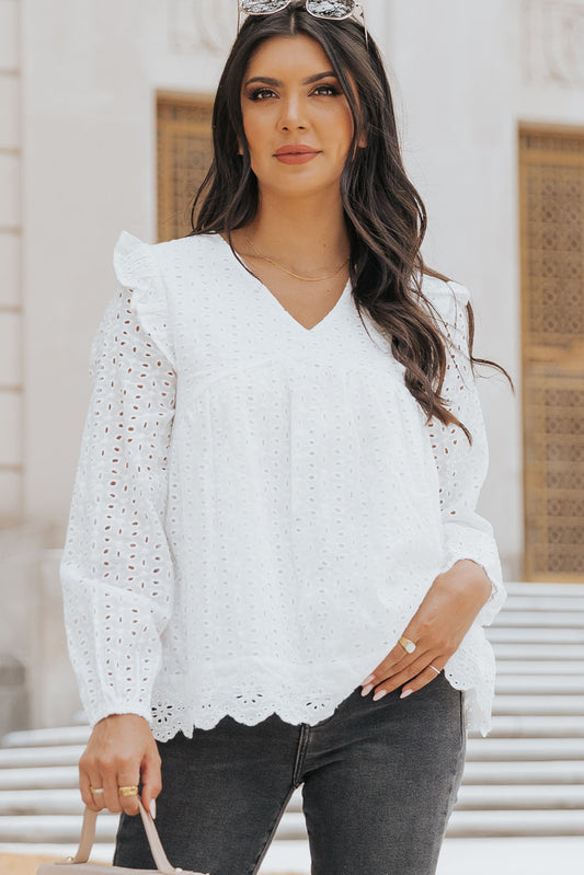 Ruffle Trim Eyelet Casual Babydoll Blouse For Women