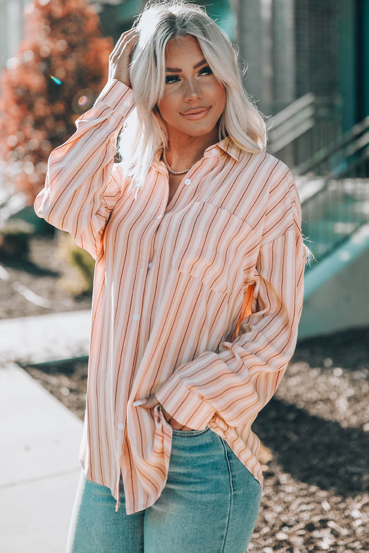 Striped Button Casual Pocket Long Sleeve Shirt For Women