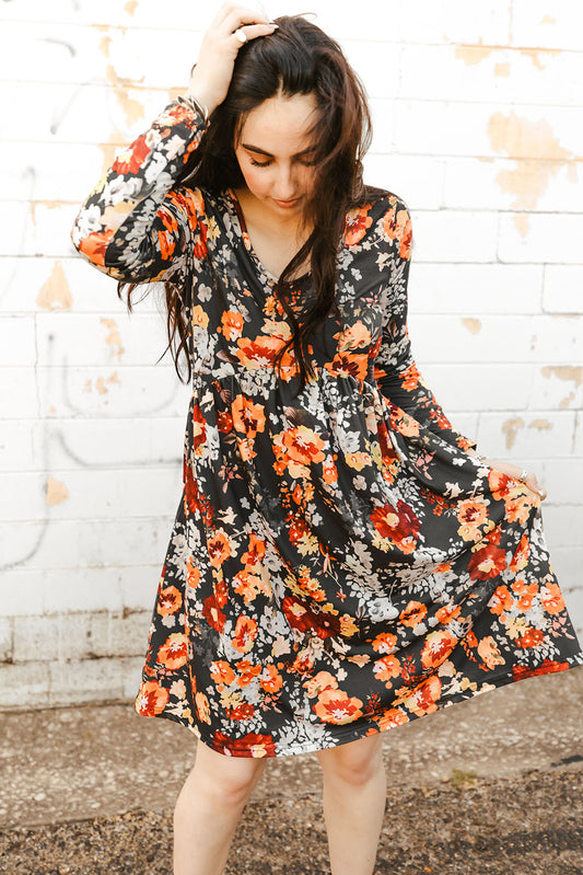 Grey Bohemian Floral Ruched Short Dress