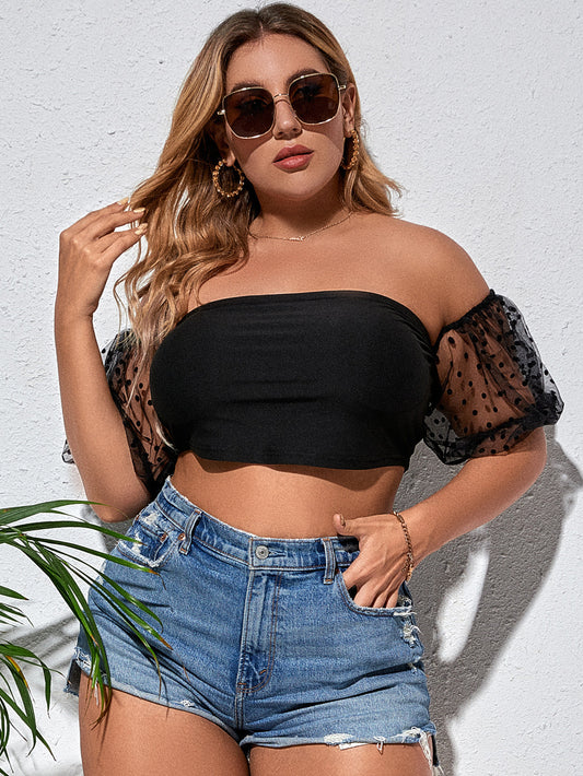 Plus Size Polka Dot Spliced Mesh Puff Sleeve Crop Top