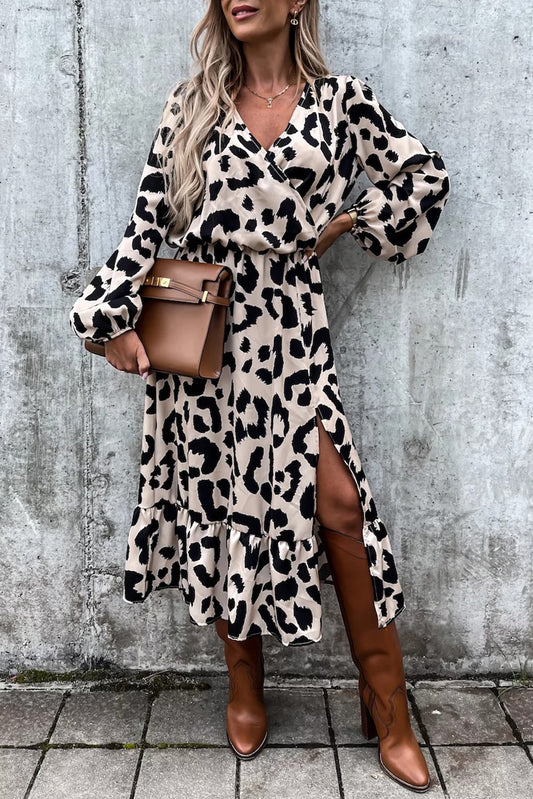 Cheetah Print V Neck Side Split Casual High Waist Maxi Dress