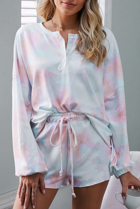 Colorblock Tie Dye Casual V Neck Top and Short Loungewear Set