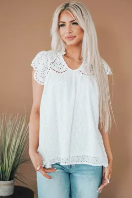 Eyelet V Neck Tie Front Casual Summer Top For Women