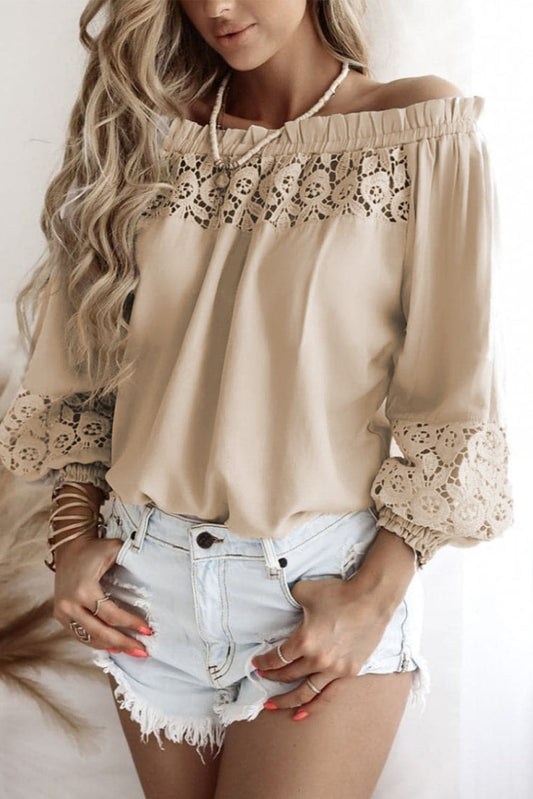 Crochet Cutout Casual Off The Shoulder Frill Blouse