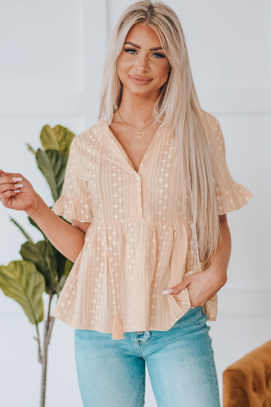 Casual Split V Neck Embroidery Eyelet Babydoll Blouse