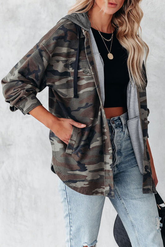 Casual Camo Print Button-up Pocket Hooded Jacket